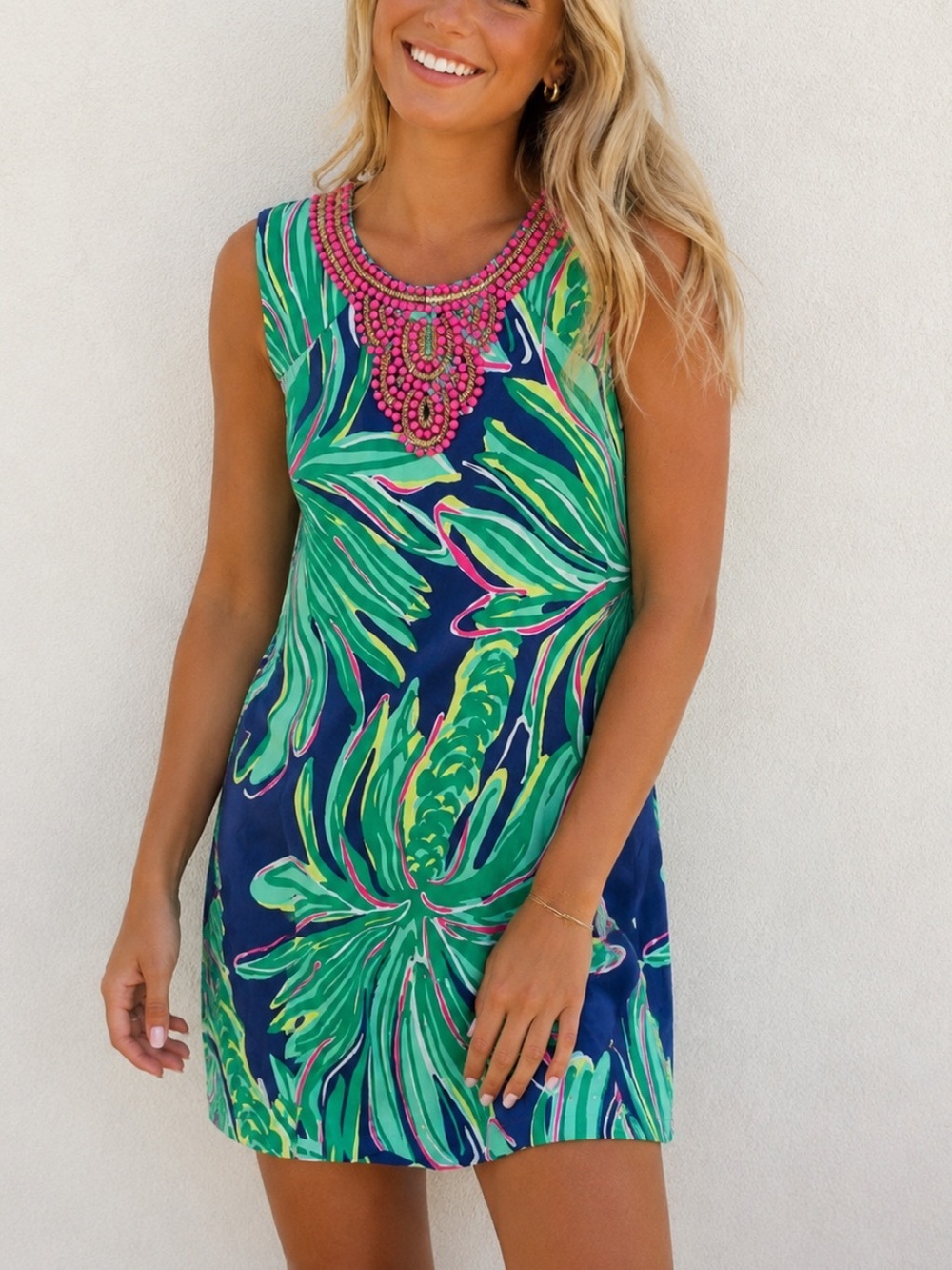 Lilly Pulitzer Bristol Tropical Palm Print Beaded Shift Dress Small 8723